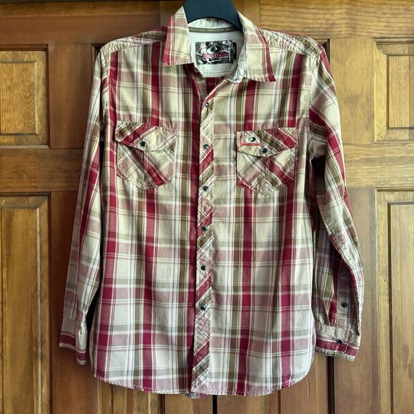 Mossy Oak Shirt Men's Size Large Red Brown Plaid Western Pearl Snaps Cowboy Hunt - Picture 1 of 8